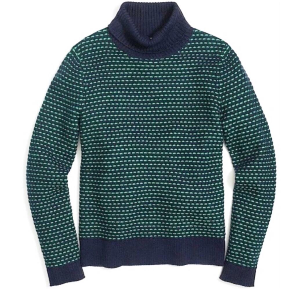EUC J Crew Mock Turtleneck Navy Blue and Kelly Green Textured Sweater Size S